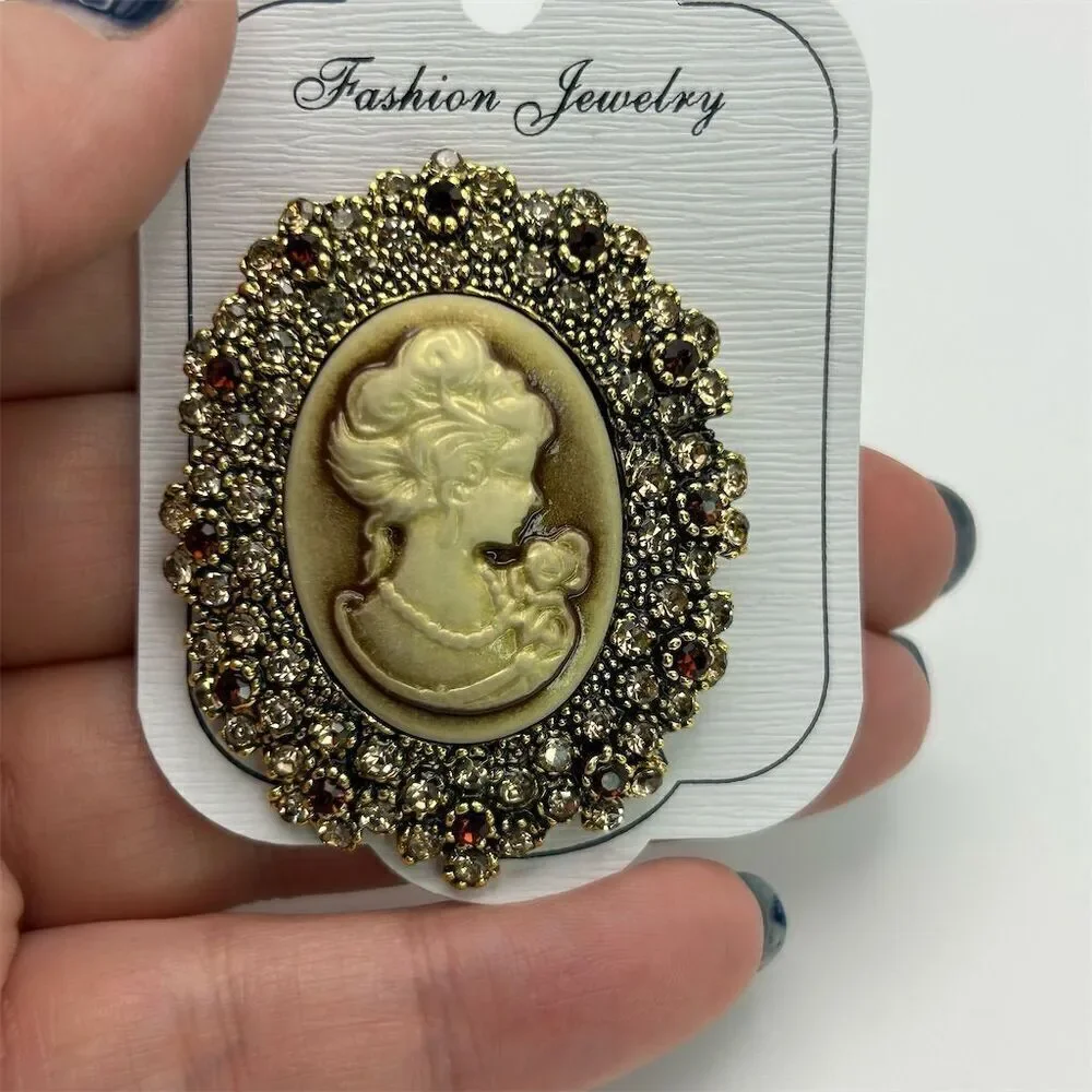 Vintage Style Victorian Lady Cameo Brooch Gold and Brown Rhinestones Retro